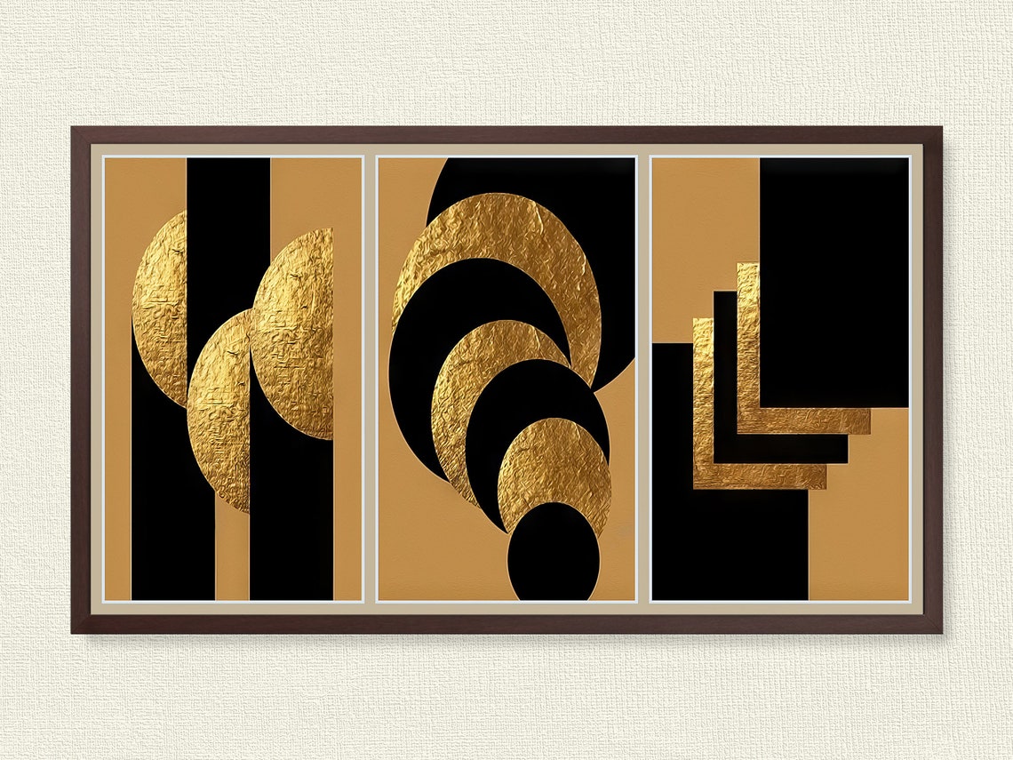 Frame Tv Art Black And Gold Geometric Shapes 3 Panel Gallery Wall - Image 3