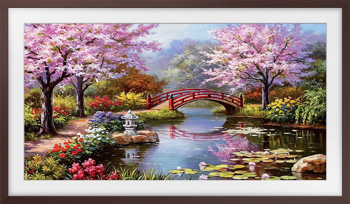 Japanese Cherry Blossom Garden Red Bridge Pond Asian Art Poster - Image 3