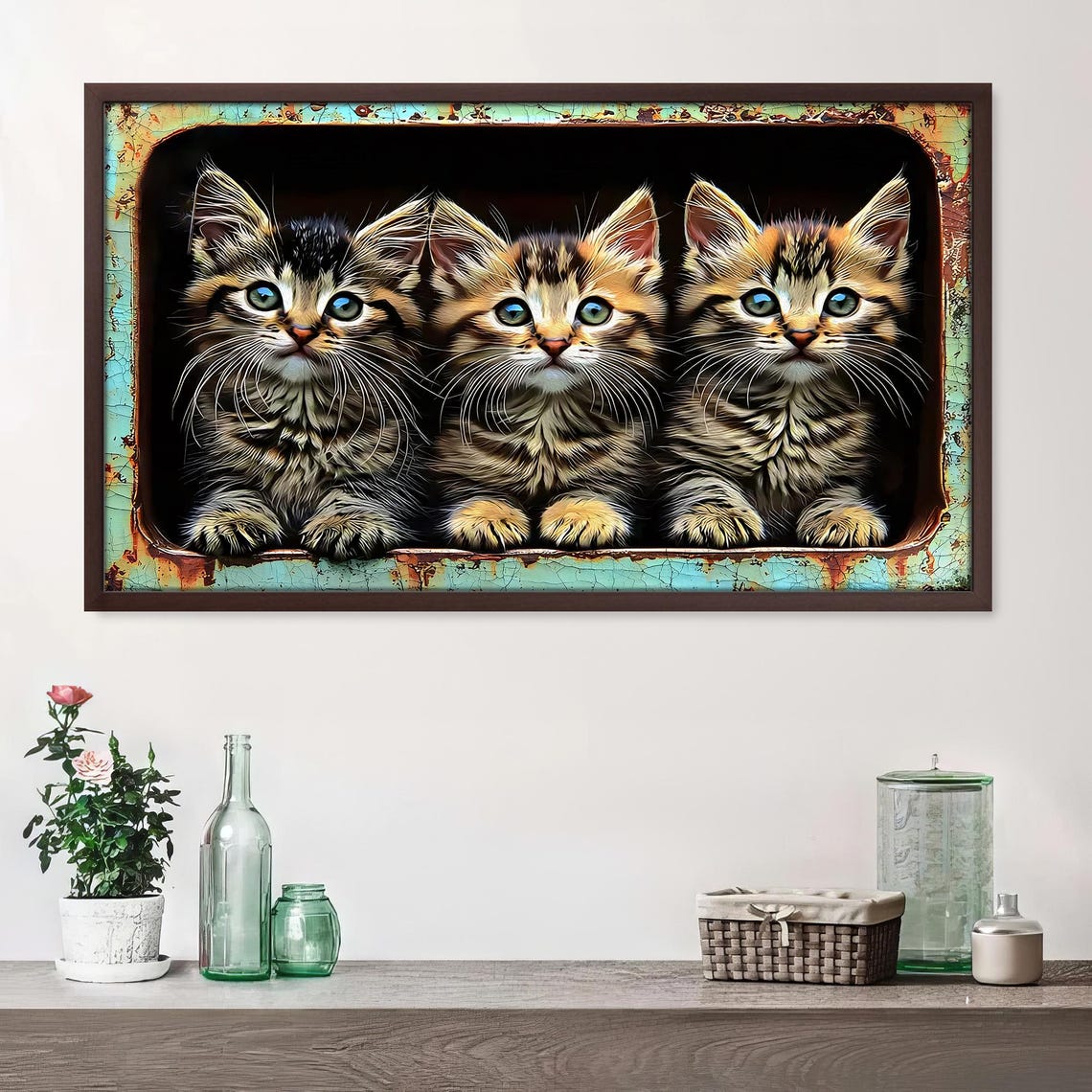 Adorable Tabby Kittens Peek Trio Rustic Vintage Cat Art Poster - Image 2