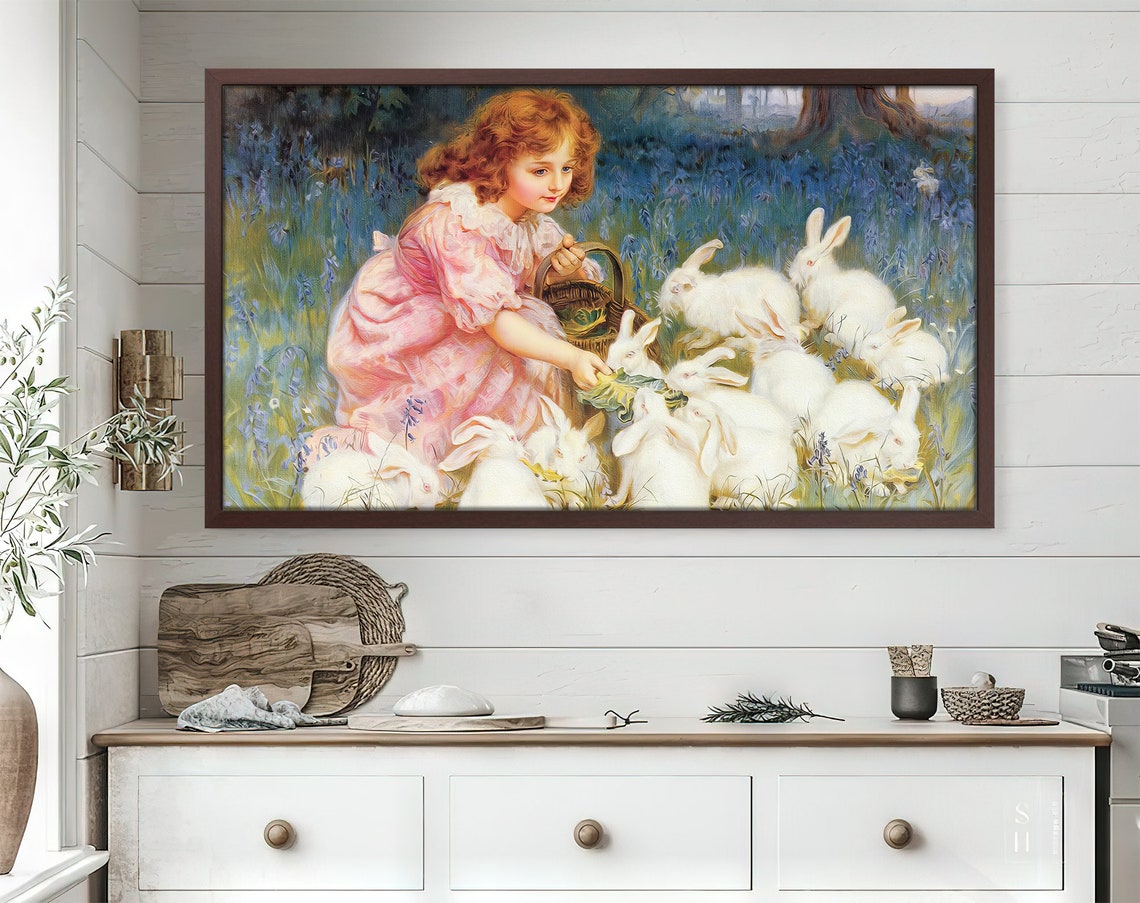 Little Girl Feeding White Rabbits Bluebell Meadow Vintage Art Print - Image 2