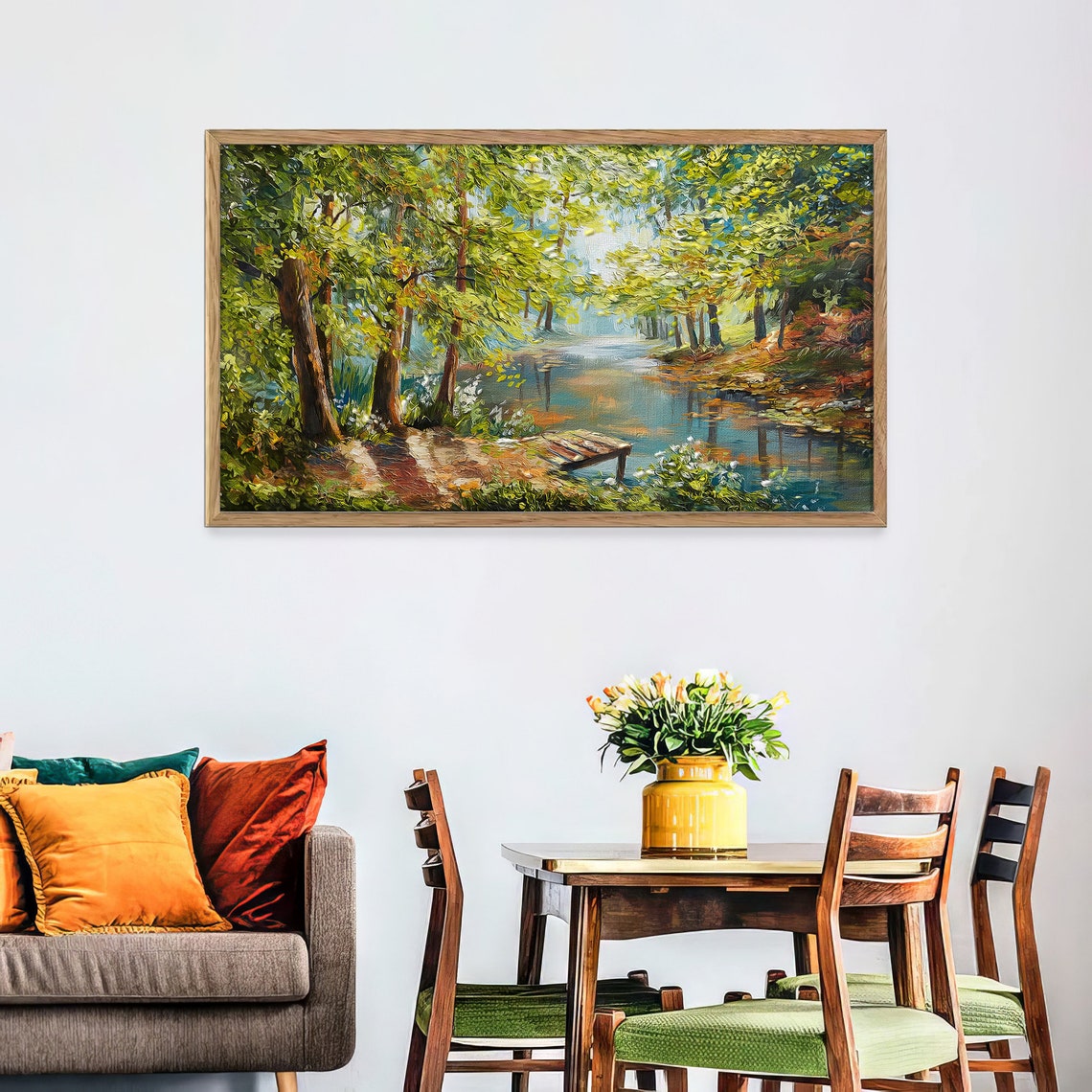 Lush Green Forest River Wooden Dock Sunlight Oil Painting Wall Art - Image 2