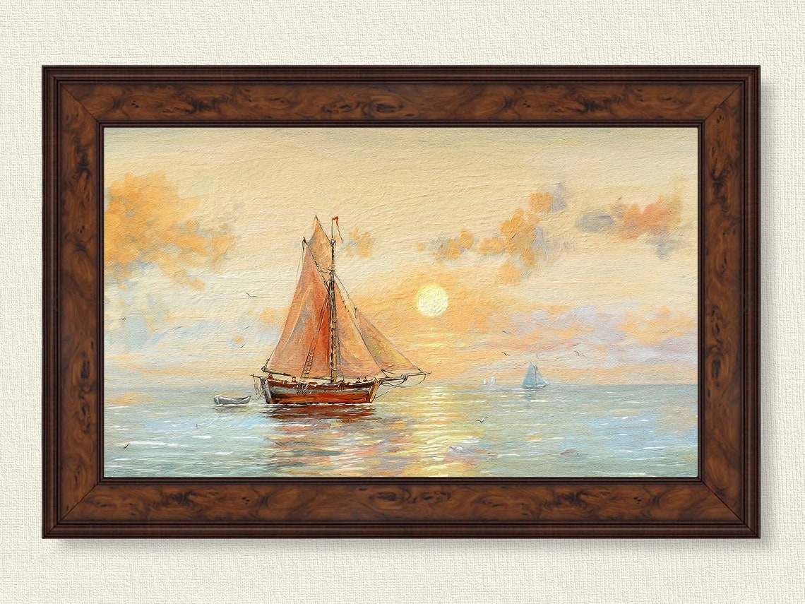 Vintage Sailboat Ocean Sunset Golden Sea Sailing Ship Oil Art Poster - Image 3