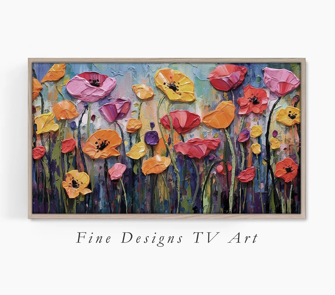 Colorful Impasto Poppy Field Textured Oil Flower Garden Art Poster