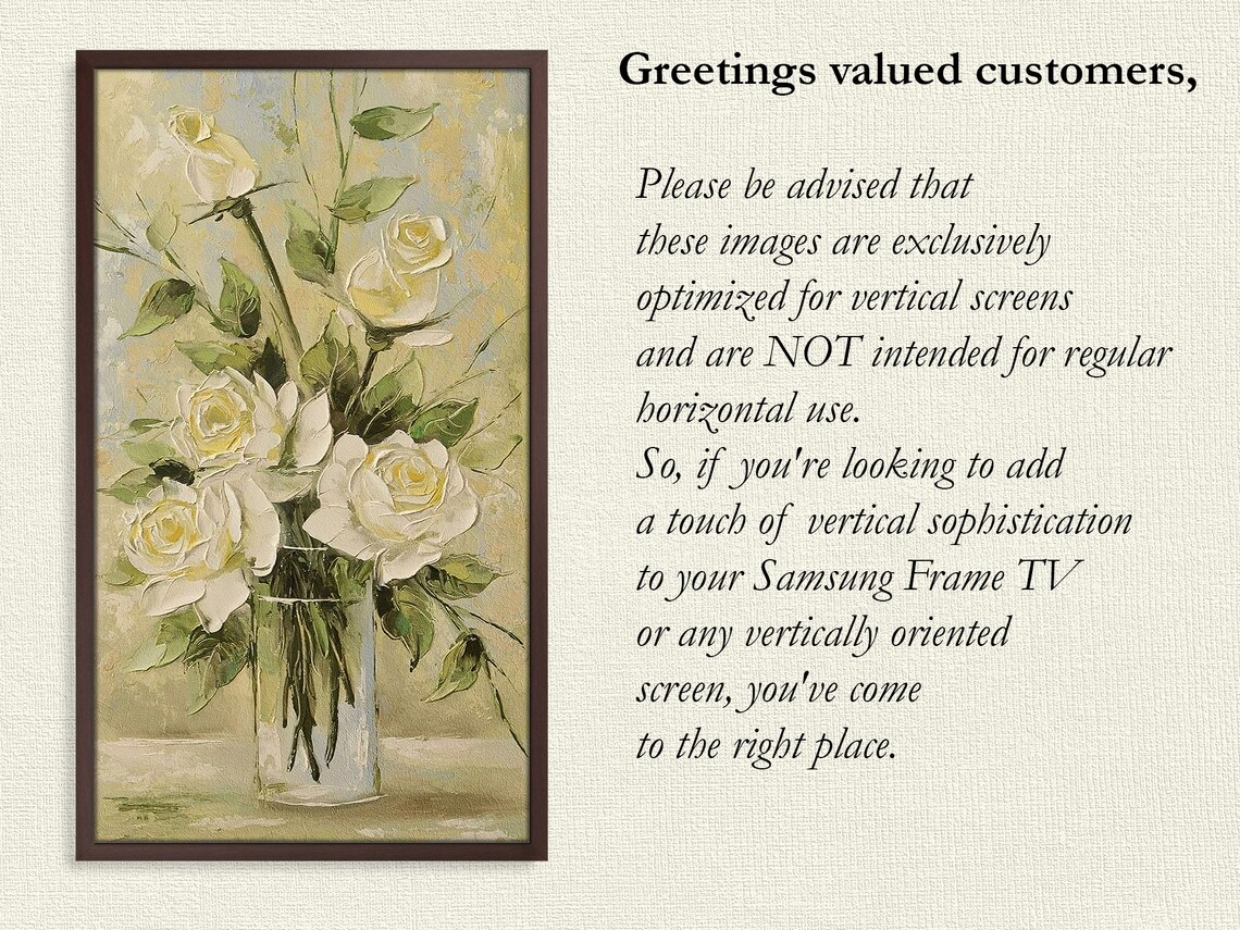 White Roses in Glass Vase Vertical Vintage Oil Painting Floral Poster - Image 4
