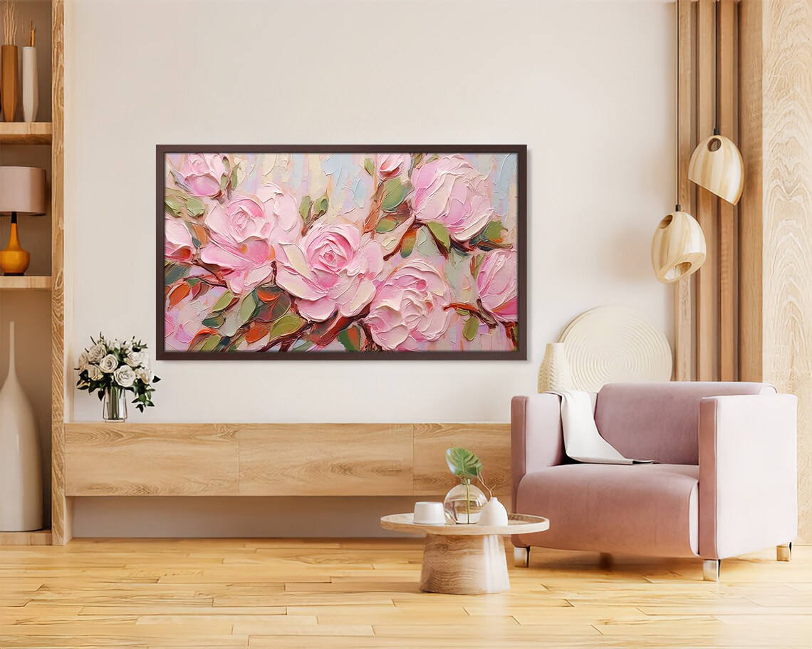 Pink Roses Impasto Close Up Soft Pastel Rose Bloom Floral Art Print - Image 4