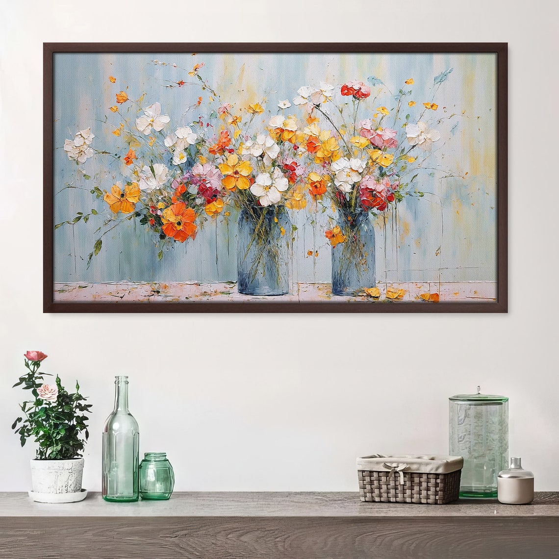 Blue Vases Colorful Wildflowers Bouquet Soft Blue Background Art Print - Image 4