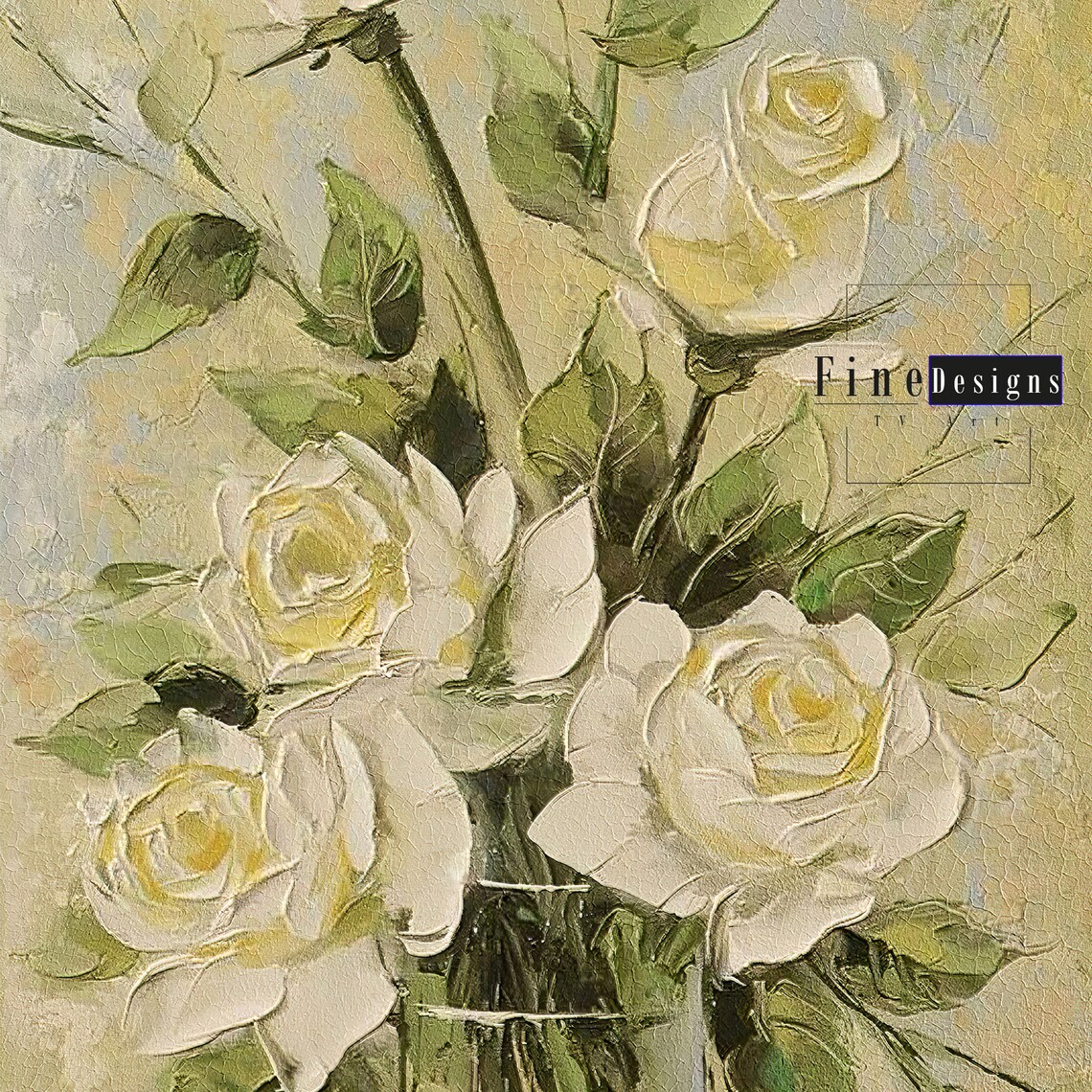 White Roses in Glass Vase Vertical Vintage Oil Painting Floral Poster - Image 2