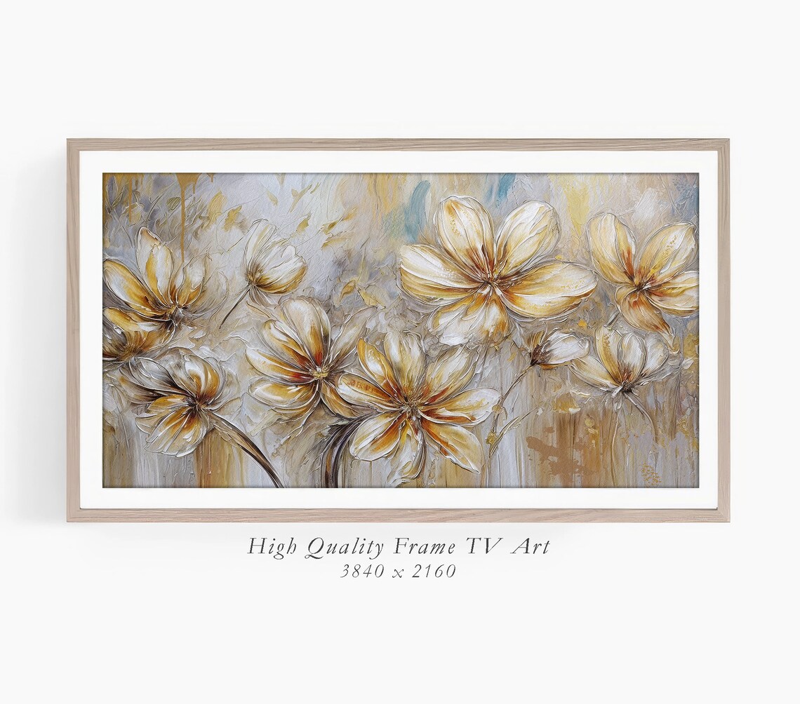 Golden Flowers Abstract Gold Gray Textured Oil Painting Art Print - Image 3