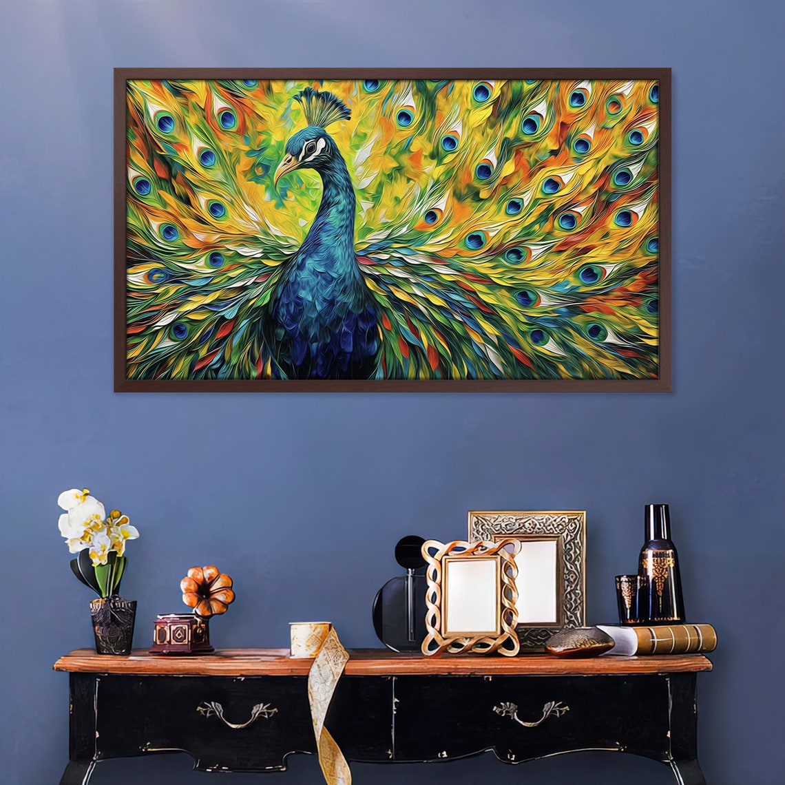 Vibrant Peacock Spread Tail Feathers Impasto Oil Wildlife Wall Art - Image 4