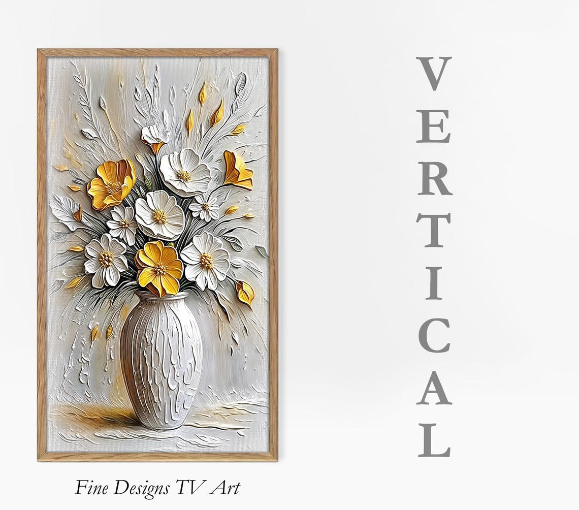 White Yellow Daisy Vase Vertical Impasto Floral Painting Wall Poster