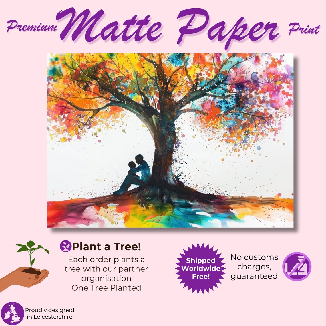 Magical Rainbow Watercolor Tree Couple Silhouette Love Poster - Image 3