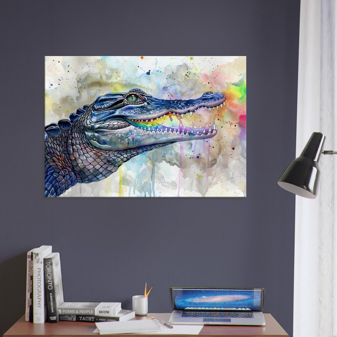 Blue Alligator Watercolour Portrait Pastel Splash Dreamy Reptile Art Poster - Image 3