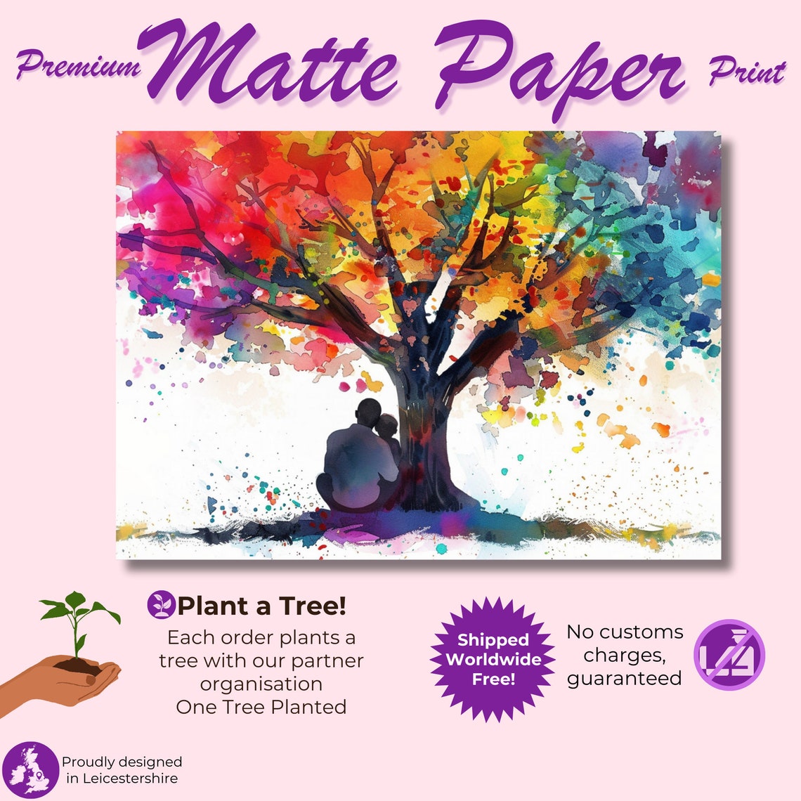 Rainbow Watercolor Tree Couple Silhouette Romantic Love Poster - Image 2
