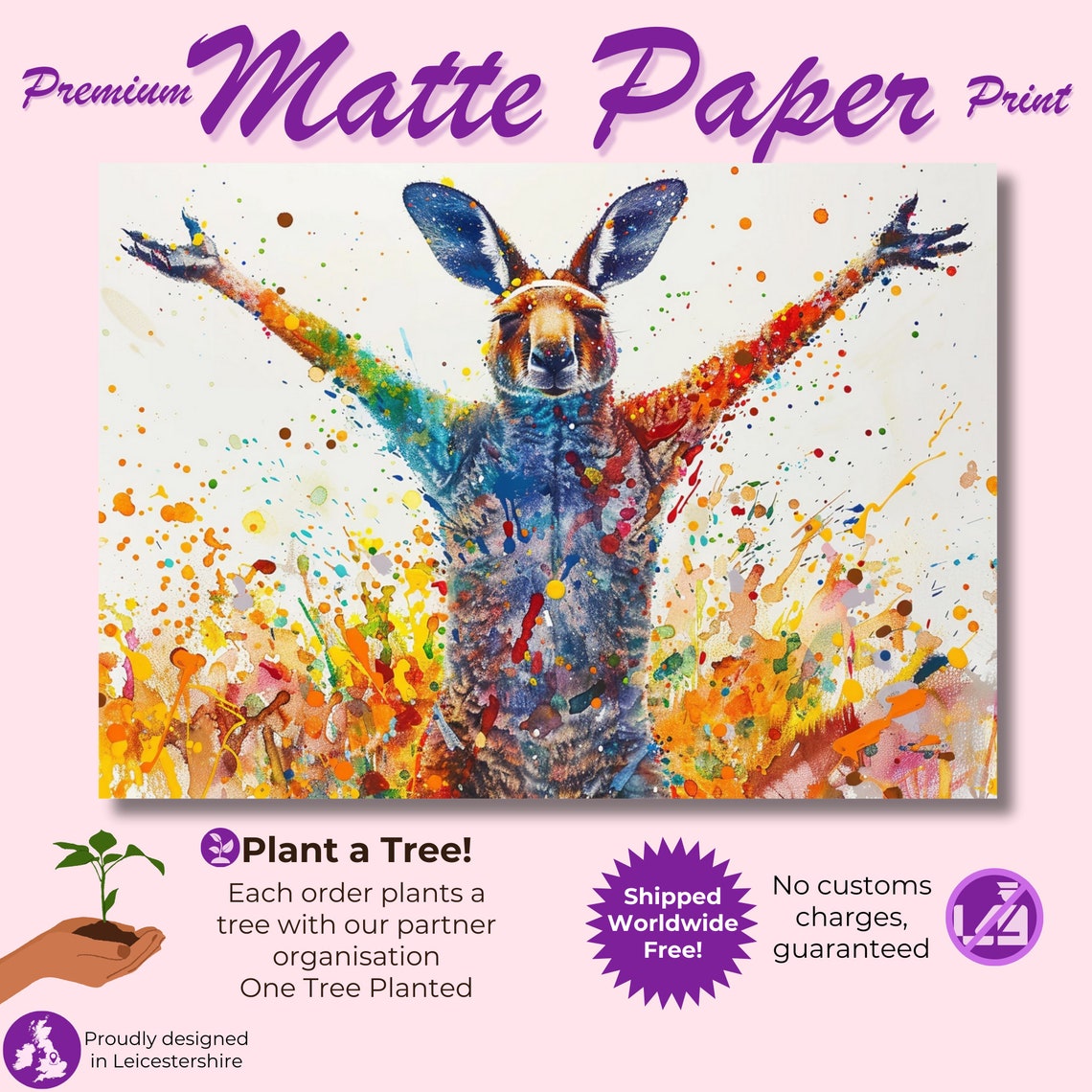 Celebrating Kangaroo Arms Raised Paint Splash Colorful Wall Poster - Image 3