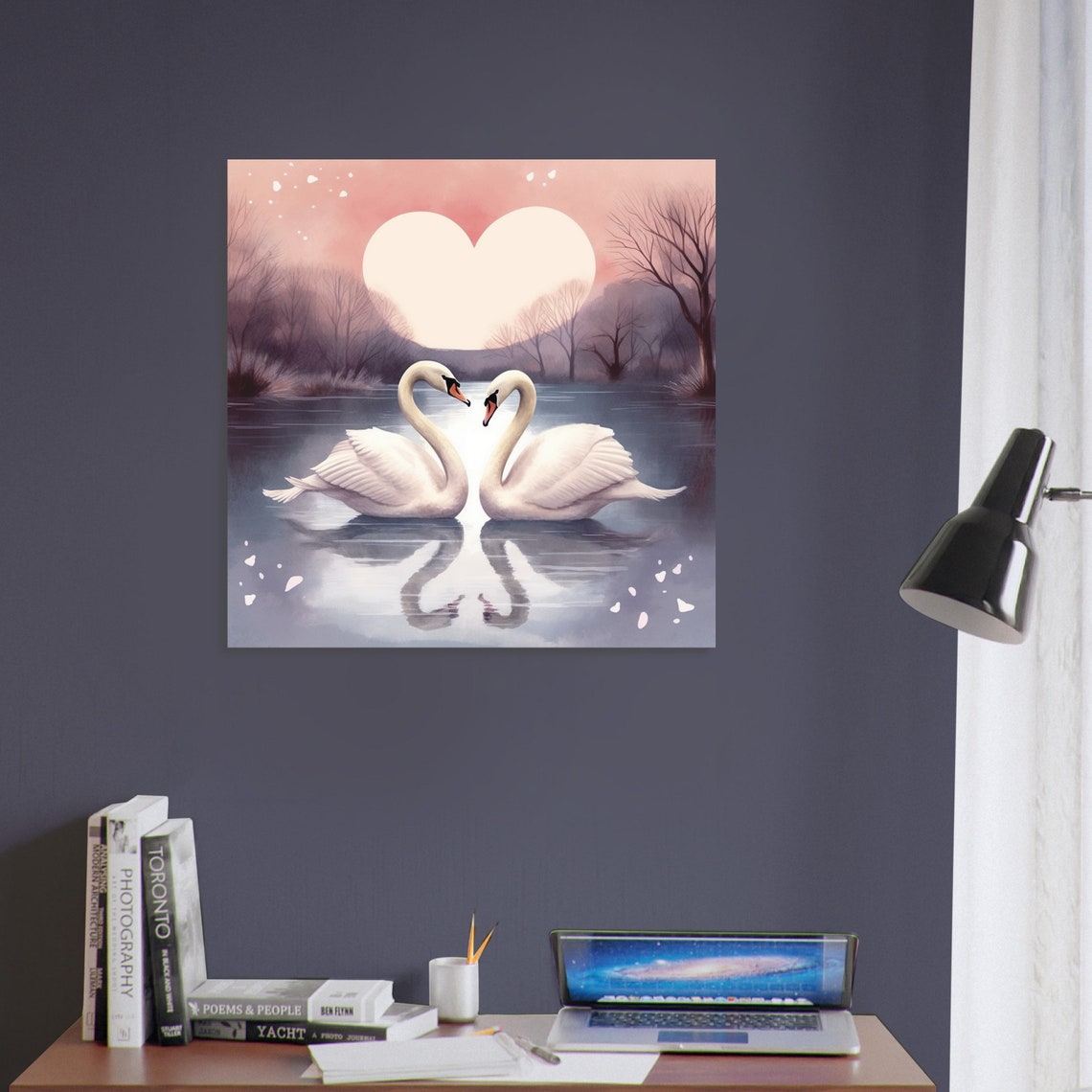 Two Swans on Lake Heart Moon Romantic Sunset Love Birds Art Poster - Image 2