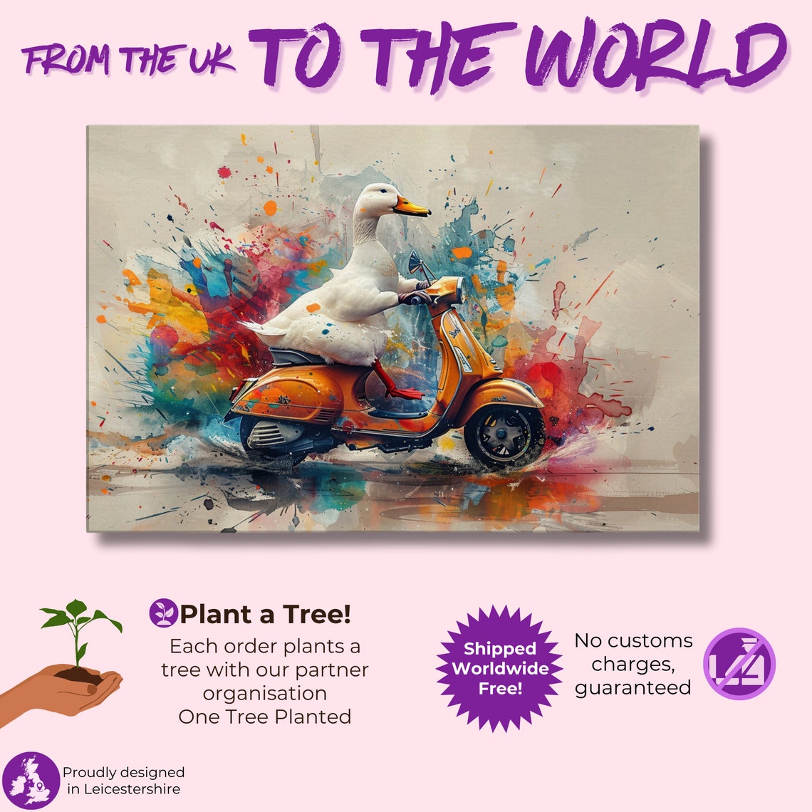 Funny Duck Riding Orange Scooter Watercolour Playful Bird Art Poster - Image 2