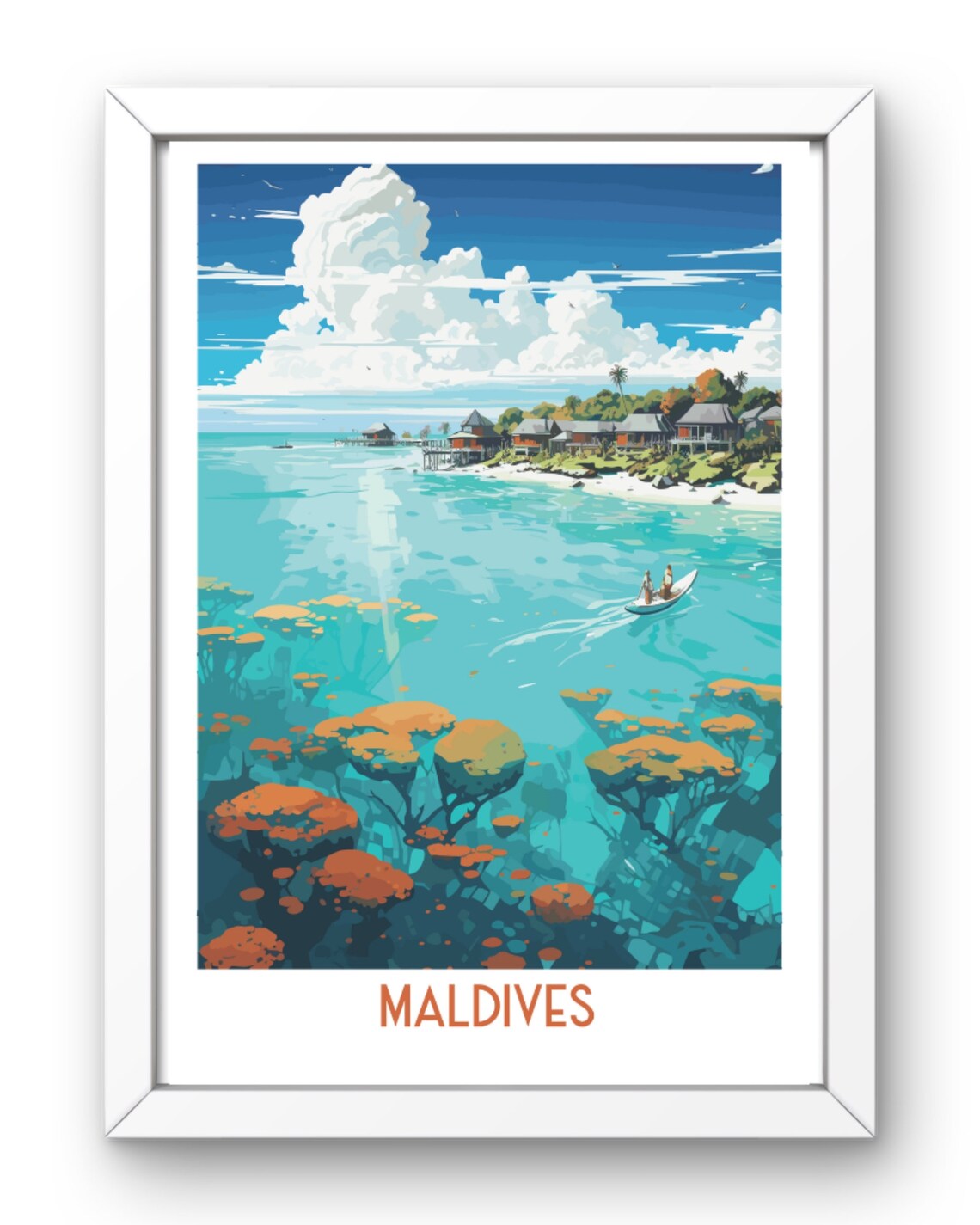 Maldives Tropical Lagoon Overwater Bungalows Coral Reef Travel Poster - Image 2