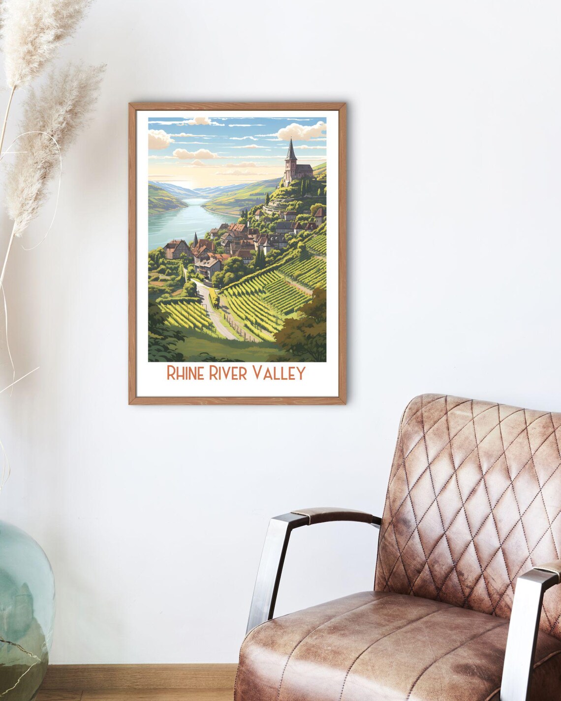 Rhine River Valley Vineyard Village and Hilltop Church Travel Art Print - Image 2