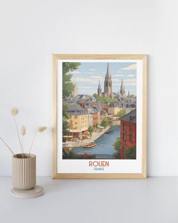 Rouen France Cathedral Spire Over River Old Town Travel Art Print