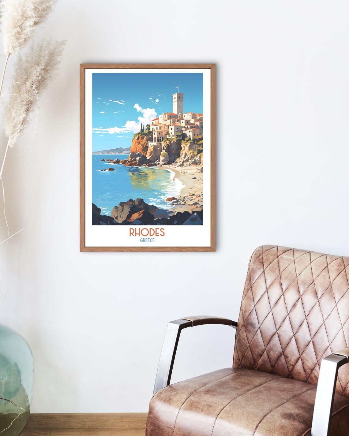 Rhodes Greece Cliffside Old Town Tower Over Blue Bay Travel Art Print - Image 2
