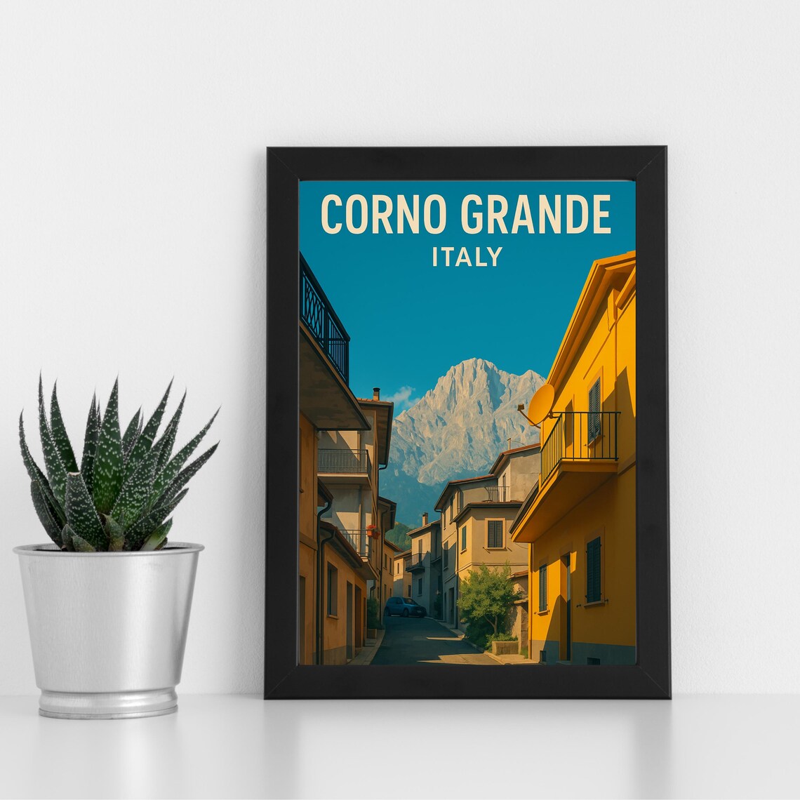 Corno Grande Italy Retro Alpine Village Street Peak View Poster