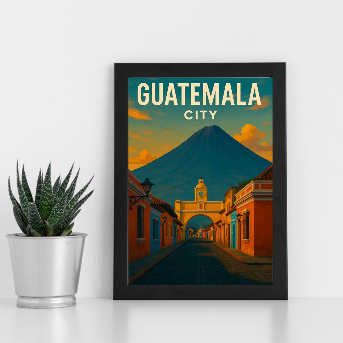 Guatemala City Colonial Arch Volcano Sunset Travel Poster Art
