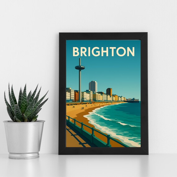 Brighton Beach i360 Tower Retro English Seaside Travel Poster