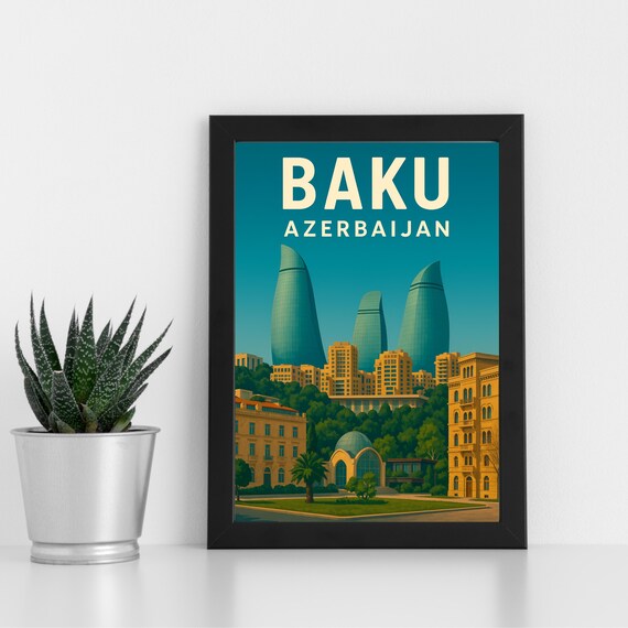 Baku Azerbaijan Flame Towers Old Town Waterfront Skyline Travel Poster