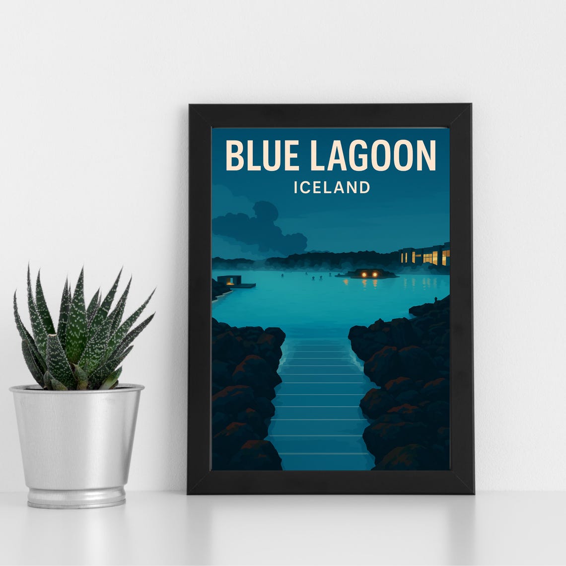 Blue Lagoon Iceland Geothermal Spa Night Scene Retro Travel Poster