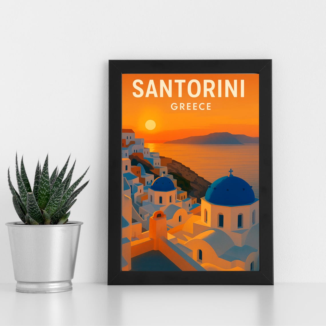 Santorini Greece Sunset Blue Domes Over Caldera Travel Poster