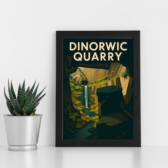 Dinorwic Quarry Slate Cavern Waterfall View Vintage Travel Poster