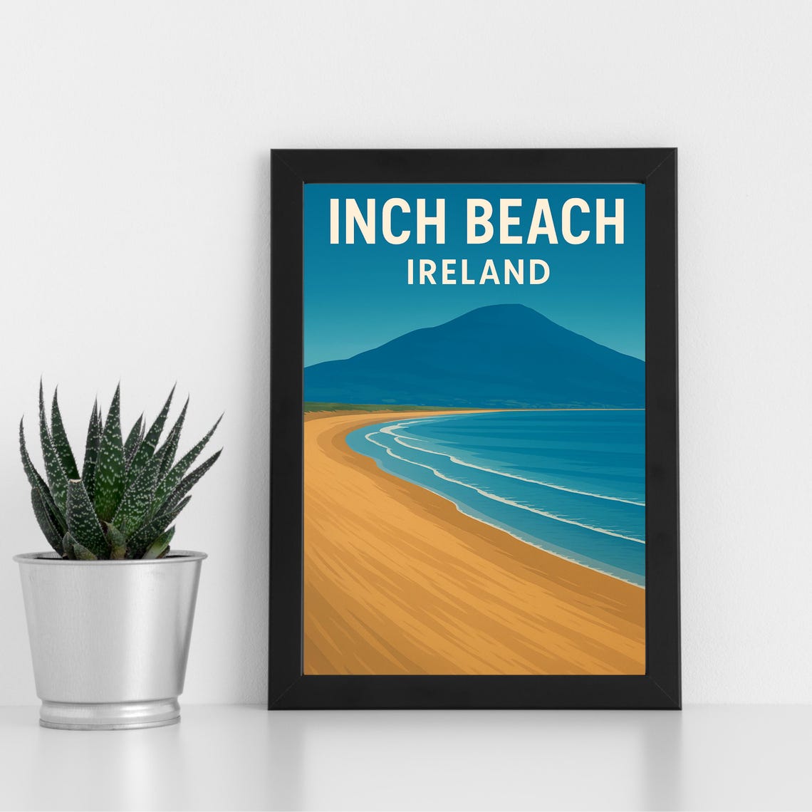 Inch Beach Ireland Retro Sandy Shoreline Mountain View Poster