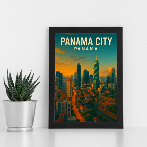 Panama City Panama Sunset Skyscraper Skyline Retro Travel Poster