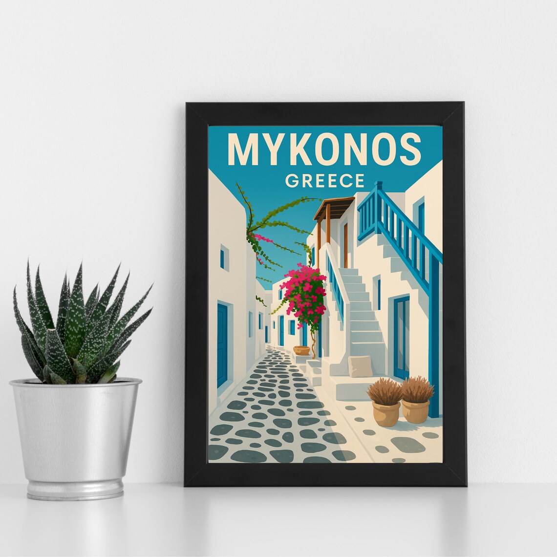 Mykonos Greece White Alley Bougainvillea Vintage Travel Poster