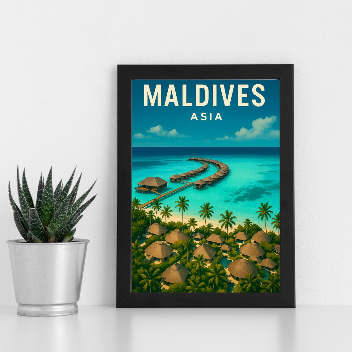 Maldives Overwater Villas Turquoise Lagoon Retro Travel Poster Art