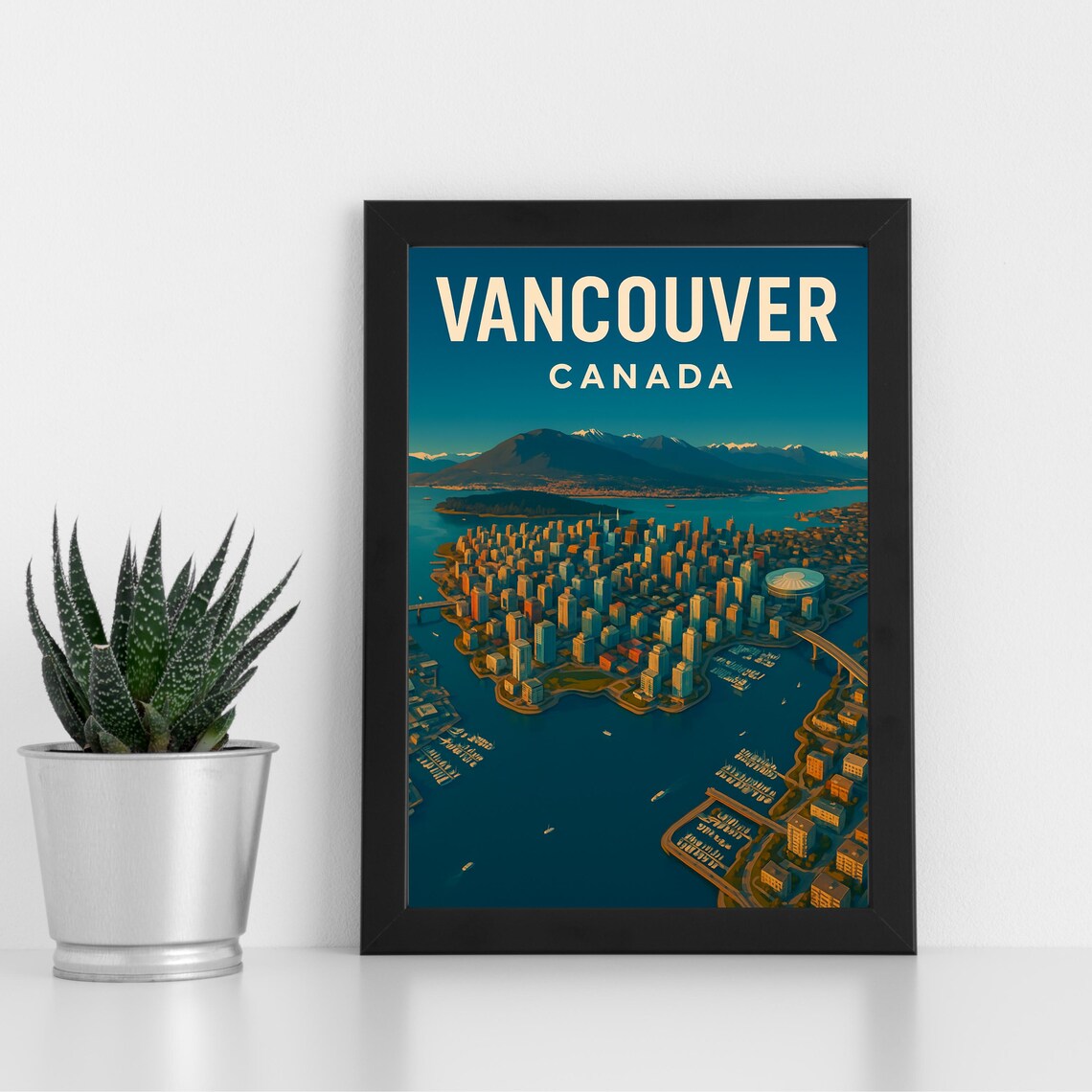 Vancouver Canada City Harbor Sunset Aerial Vintage Travel Poster