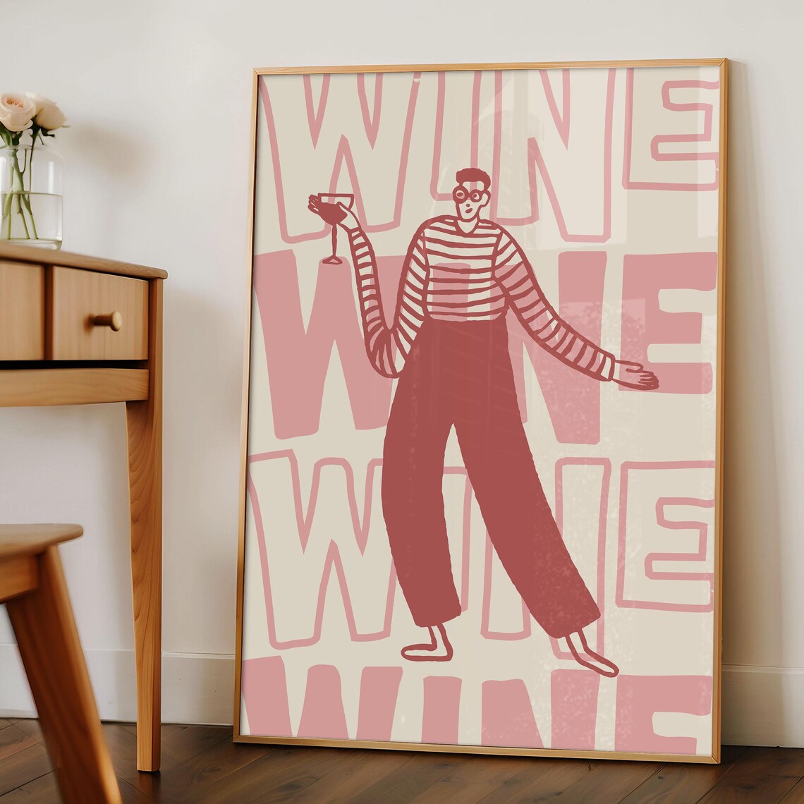 Wine Lover Retro Striped Man Pink Bar Cart Kitchen Wall Poster