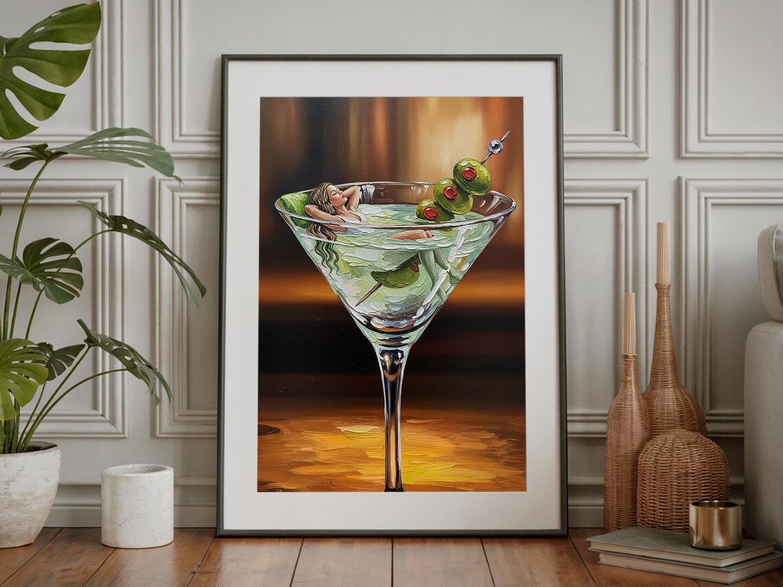 Woman Lounging in Martini Glass Surreal Cocktail Art Painting Poster