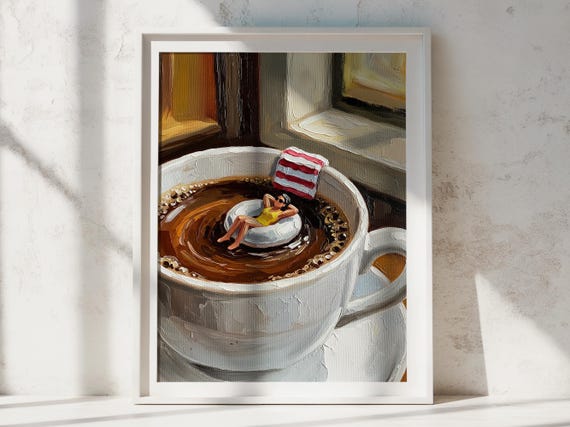Surreal Coffee Art Print Tiny Woman In Mug Whimsical Kitchen Decor