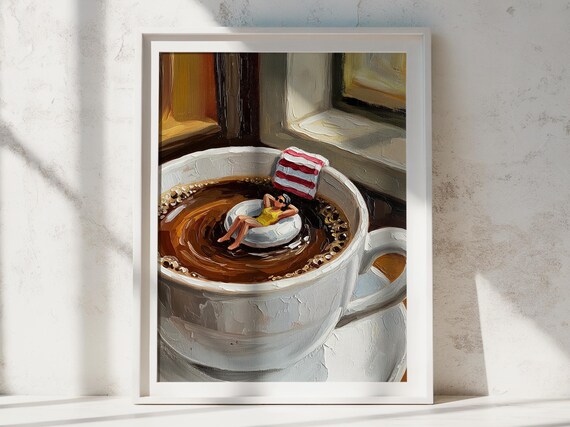Tiny Woman Floating Coffee Cup Surreal Whimsical Kitchen Art Print