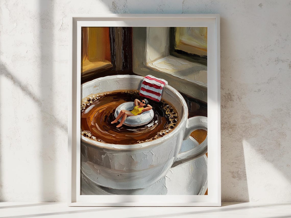 Tiny Woman Floating Coffee Cup Surreal Whimsical Kitchen Art Print