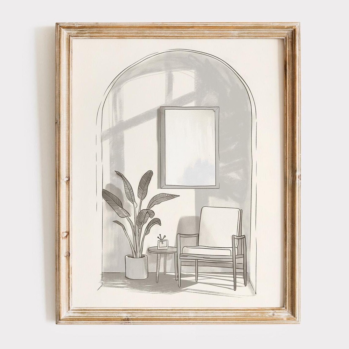Minimalist Interior Sketch Arched Alcove Armchair Plant Line Art Print