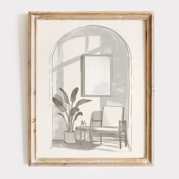 Minimalist Interior Sketch Arched Alcove Armchair Plant Line Art Print