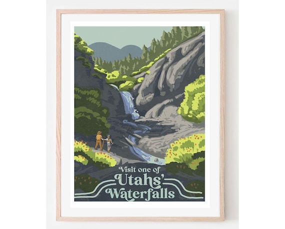 Visit One of Utahs Waterfalls Vintage Rocky Canyon Travel Poster