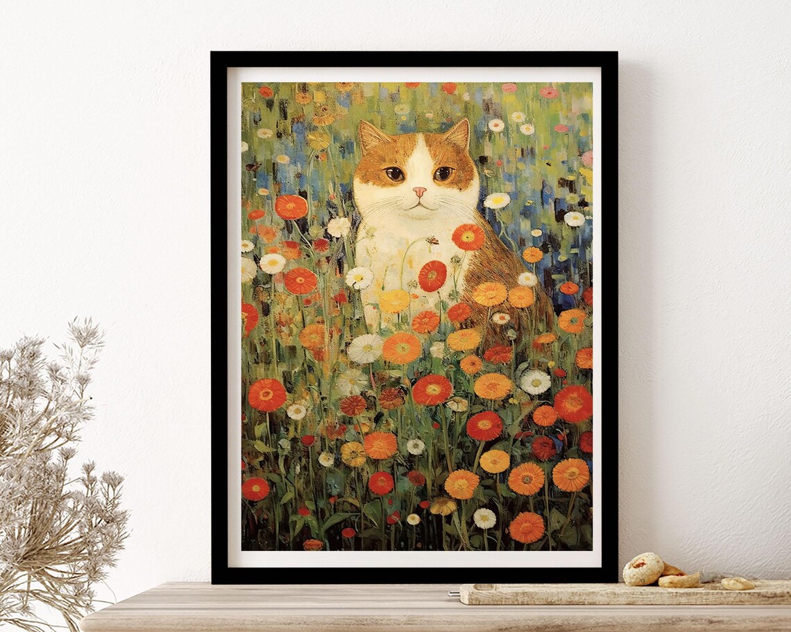 Ginger Cat in Wildflower Field Klimt Style Botanical Cat Art Poster - Image 3