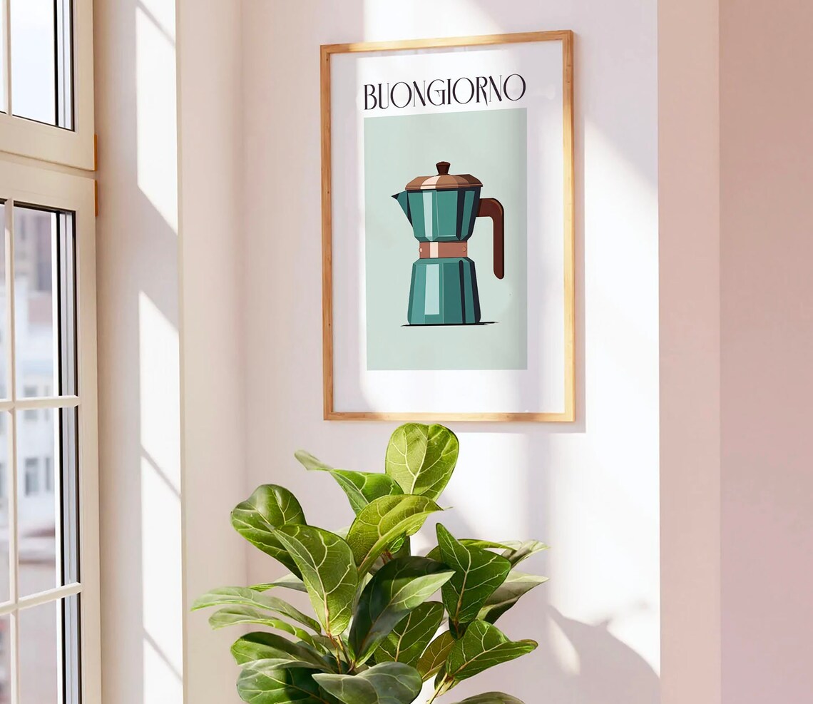 Buongiorno Teal Moka Pot Italian Coffee Maker Kitchen Wall Poster - Image 2