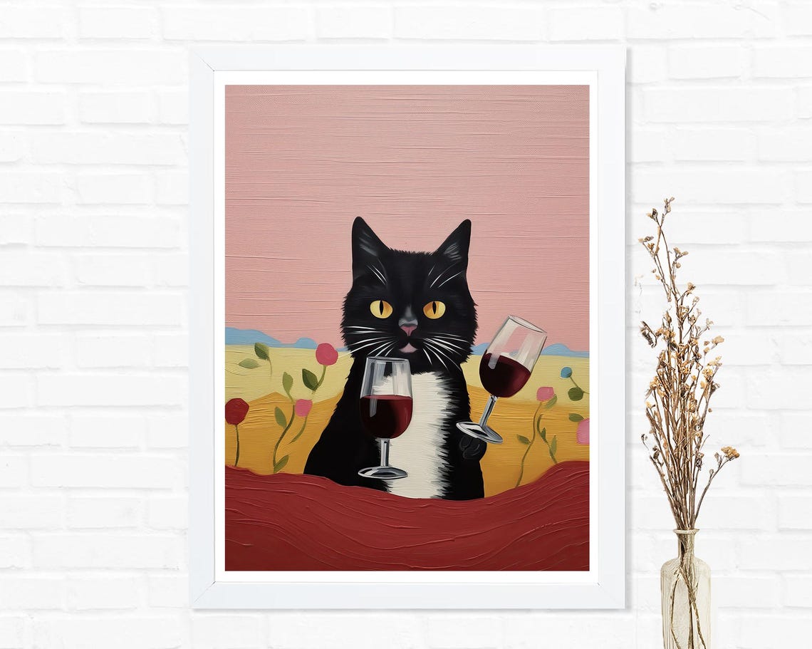 Black and White Tuxedo Cat Holding Wine Glasses Floral Art Poster - Image 2