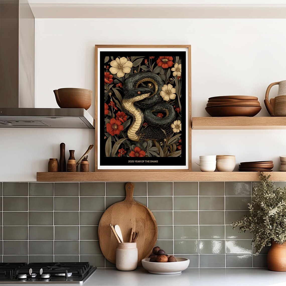 2025 Year of the Snake Coiled Snake Red Flowers Dark Botanical Poster - Image 3