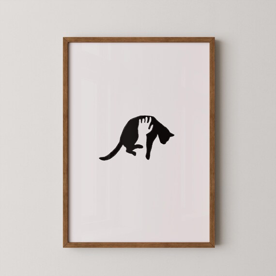Hand Picking Up Black Cat Minimalist Silhouette Cute Kitten Poster