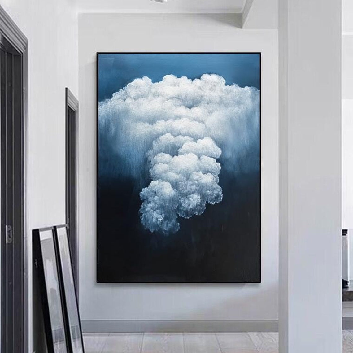 Towering White Cumulus Clouds Against Midnight Blue Sky Poster